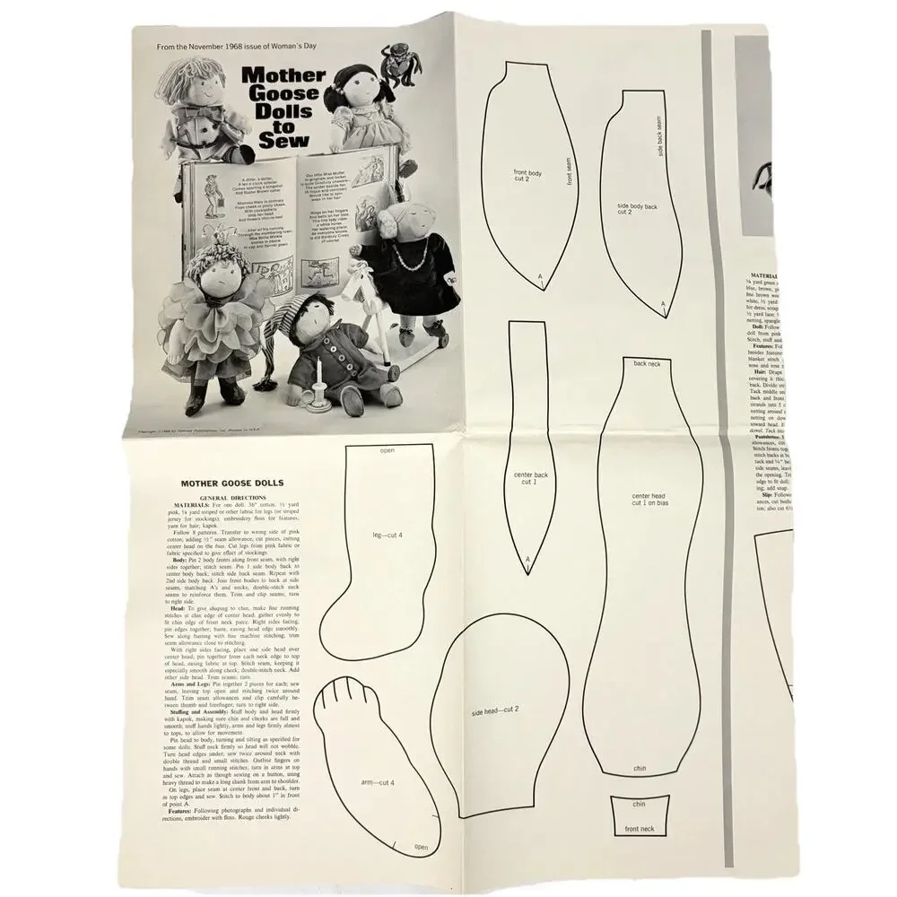 Woman's Day Mother Goose Dolls Sewing Pattern 6 Plush Cloth Doll VTG 1968